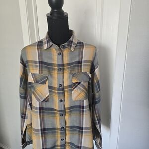 Topshop Yellow and Gray Plaid Casual Shirt